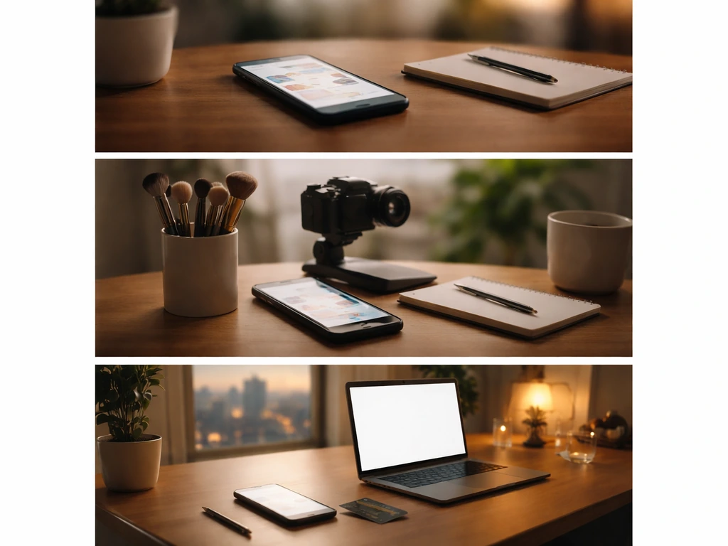 Three-panel collage showing early-to-later influencer income progression with smartphone, content tools, and luxury desk