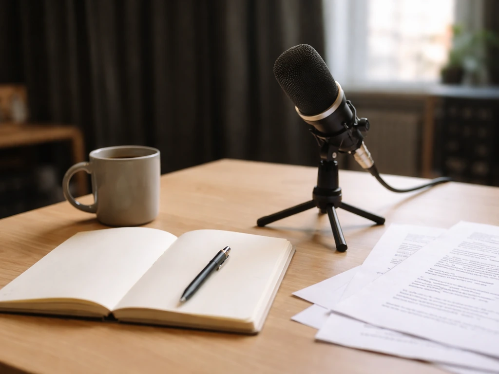 Minimal photo of a notebook, microphone, and scattered papers on a clean desk suggesting studio comedy and wealth analys