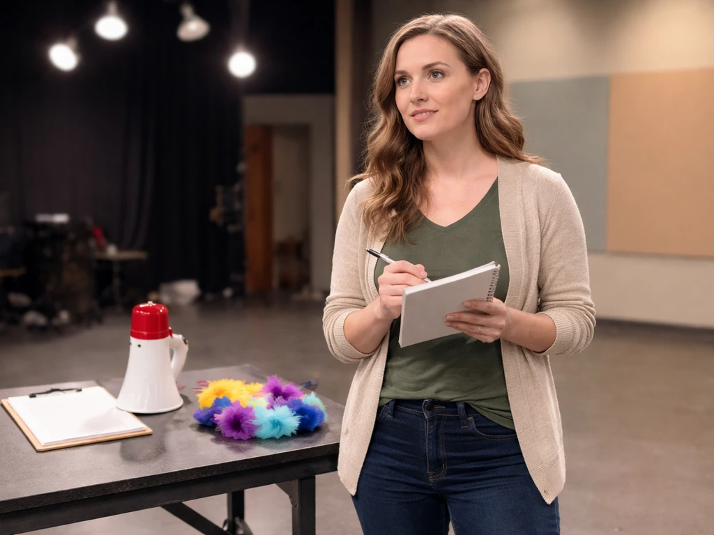 Anonymous actress holding a notebook beside studio props in a muted soundstage setting.