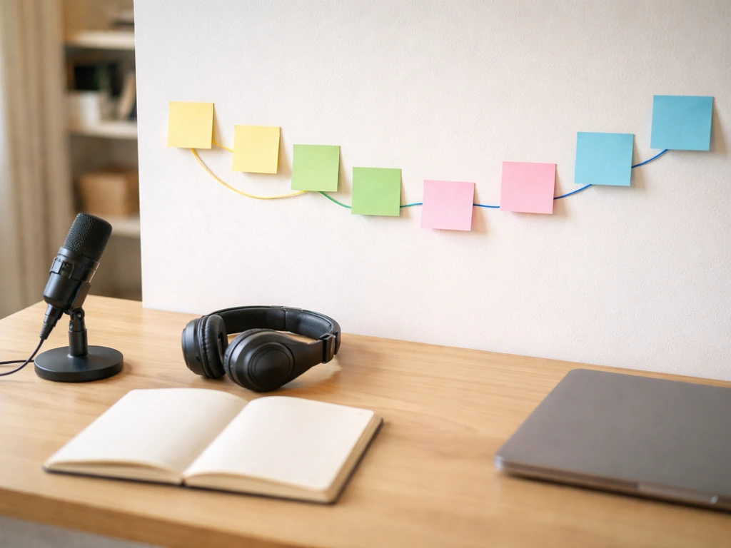Minimal photo of an anonymous timeline moodboard on a desk with media gear and a laptop, suggesting career progression.