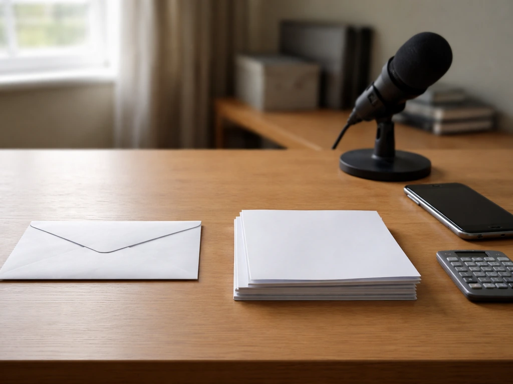 Empty home office desk with envelope, blank printouts, calculator, and phone symbolizing disclosed vs estimated wealth m