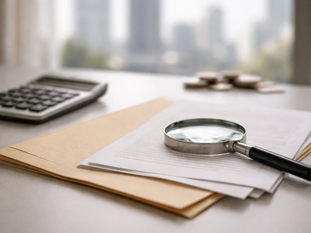 Magnifying glass over financial documents and a calculator on a desk, symbolizing net-worth verification.