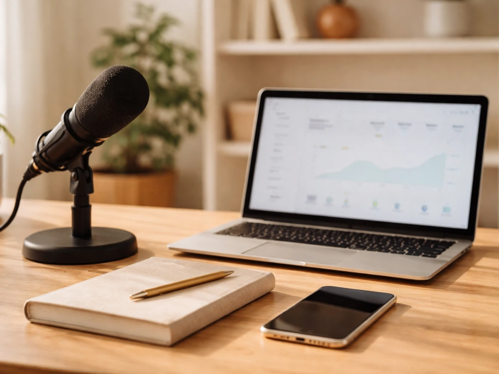 Minimal wellness studio desk with mic, coaching notebook, and a laptop showing blurred analytics-style icons