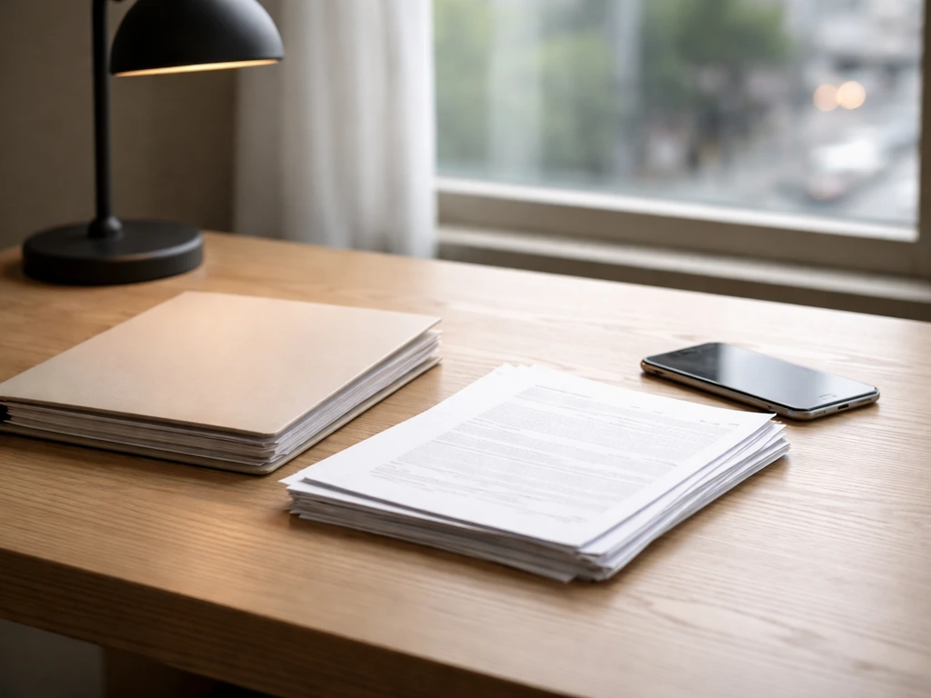 Minimal photo of an anonymous finance work desk with scattered documents and a smartphone, implying scarce public record
