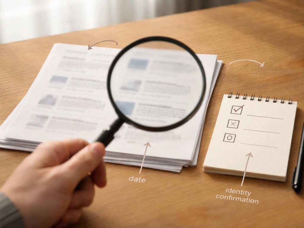 Magnifying glass over blurred search results beside a simple checklist with tick and cross marks.
