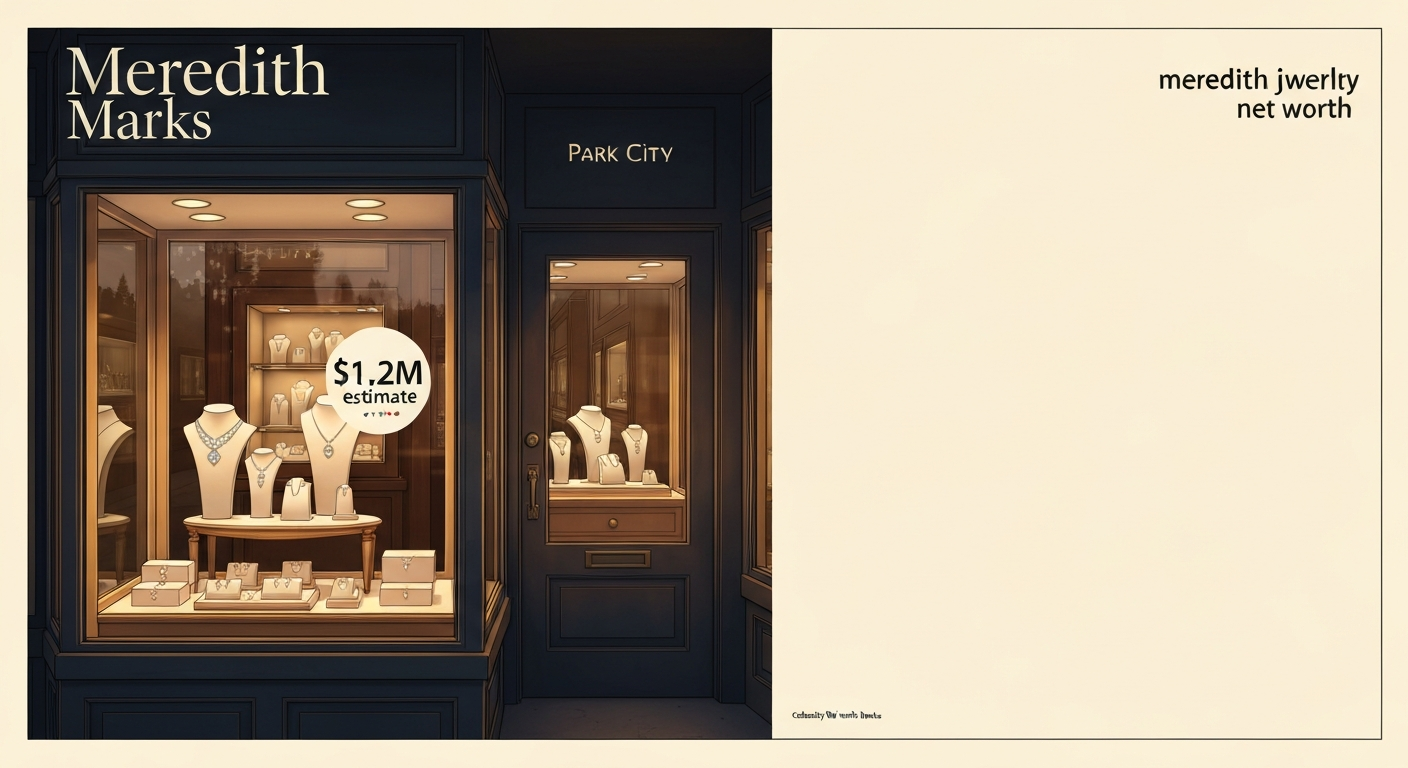 Illustrated editorial view of a Park City jewelry boutique with jewelry displays and a small infographic reading '$1.2M estimate', styled like a magazine cover.