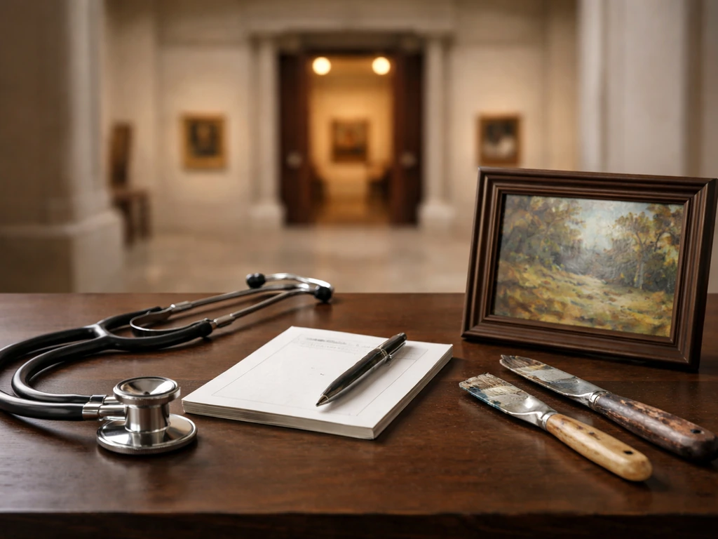 Minimal photo of a medical desk item beside art and a museum-like exterior doorway, symbolizing Don Rubell’s legacy