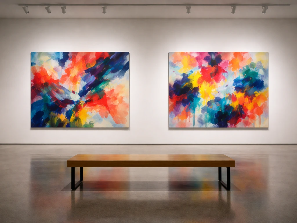 Minimal contemporary art gallery interior with colorful abstract paintings and soft track lighting.