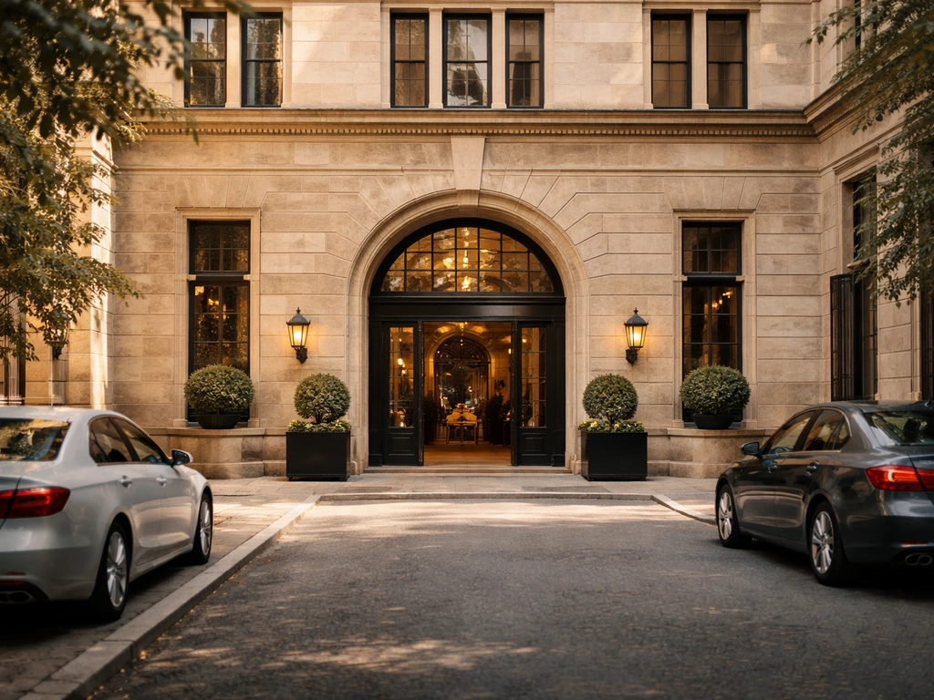 Sunlit hotel exterior with a quiet driveway and vintage architecture, symbolizing real estate and hospitality