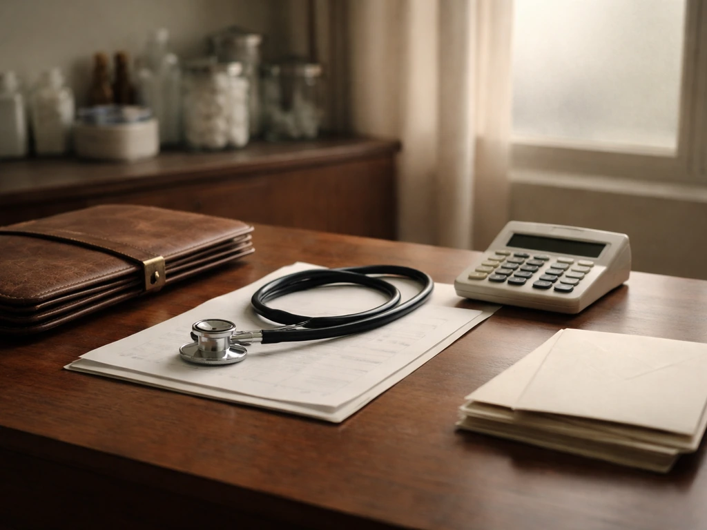 Vintage doctor’s desk with stethoscope, folio, envelopes, and a calculator in warm natural light.