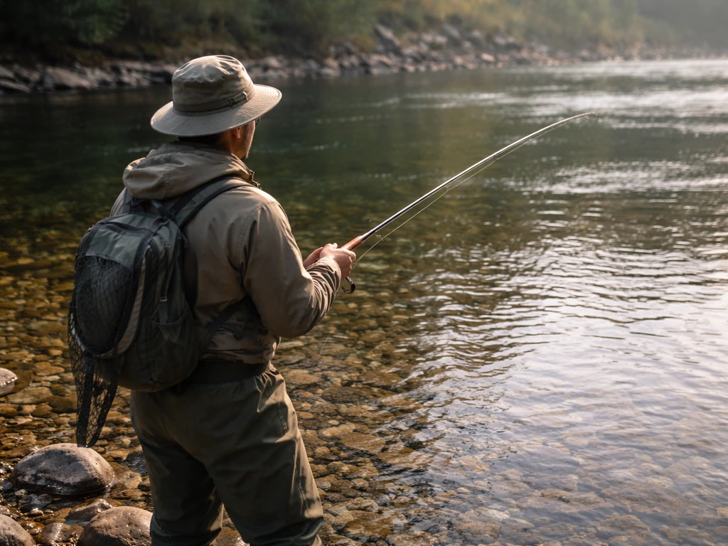 Anonymous fly angler holding a rod by a clear river, suggesting world-record professional fishing.