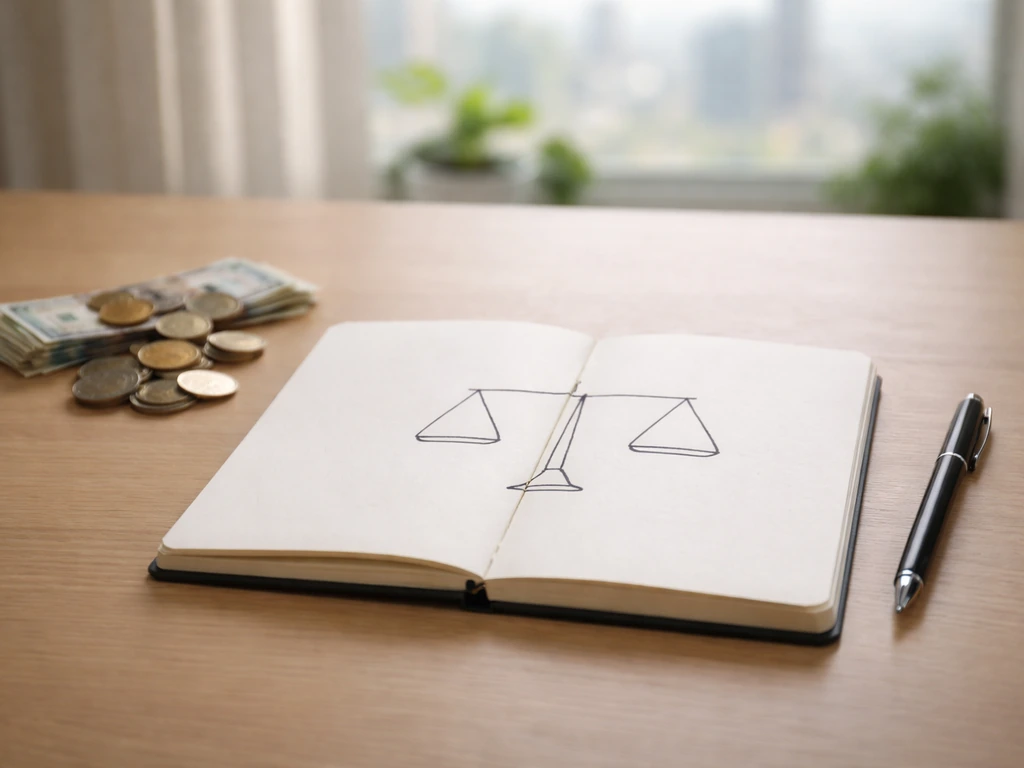 Minimal photo showing money and a notebook with handwritten balance symbols, representing assets minus liabilities.