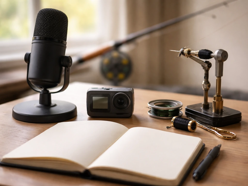 Close-up of a fishing media setup with a microphone and fly-tying tools on a desk