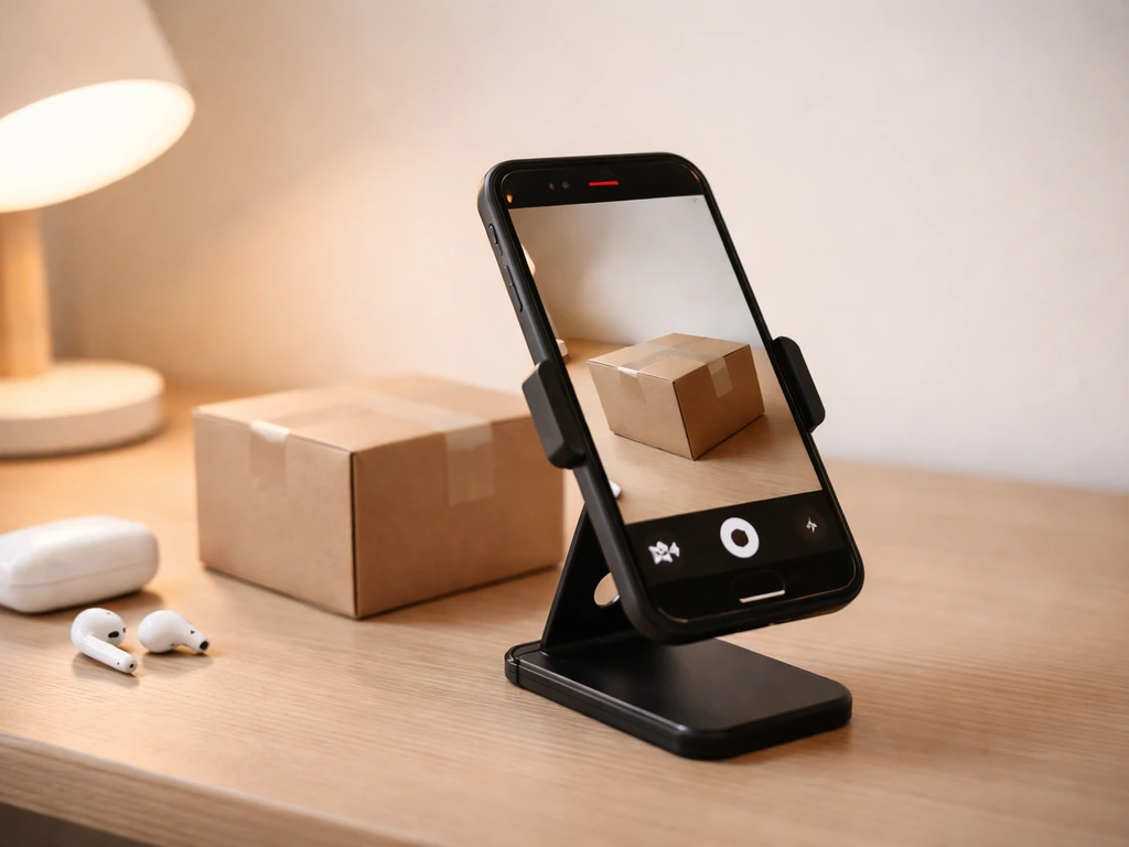 Smartphone filming a clean product package setup on a desk, symbolizing brand deals and media income.