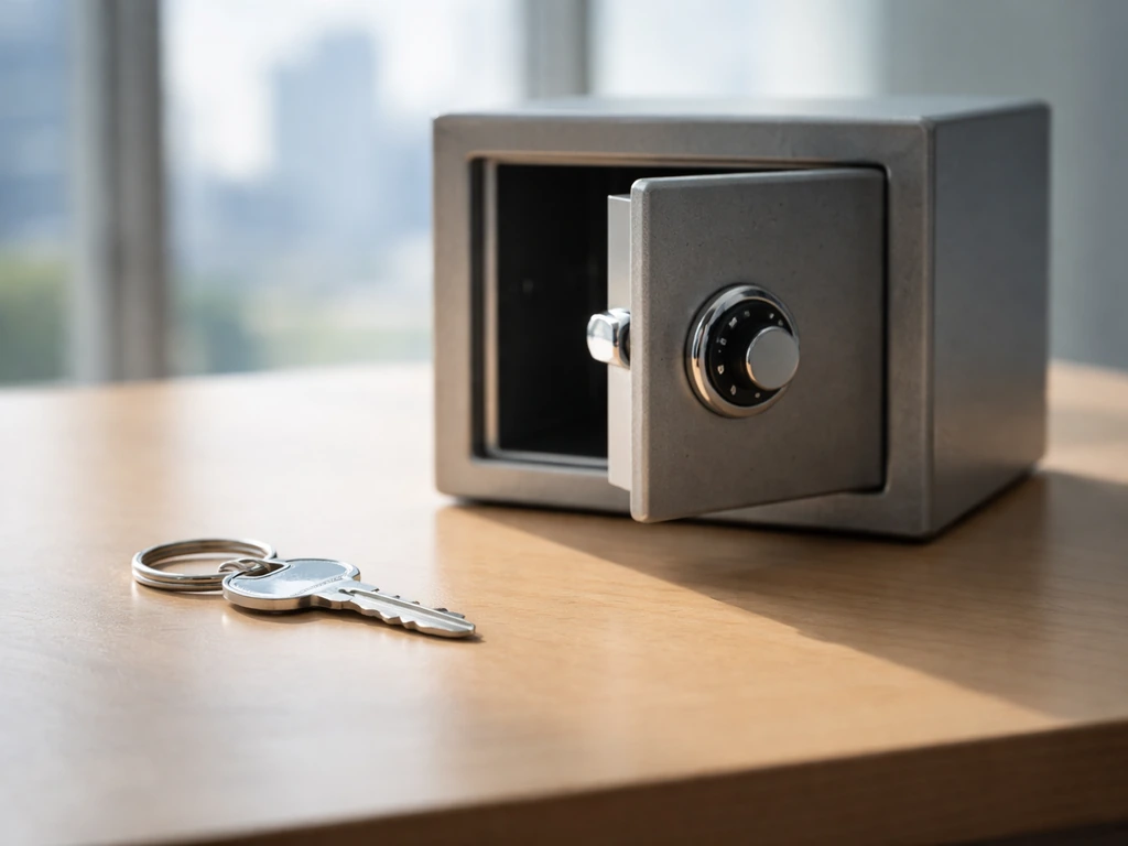 Minimal photo showing a house key and a small safe on a desk to symbolize assets and expenses.