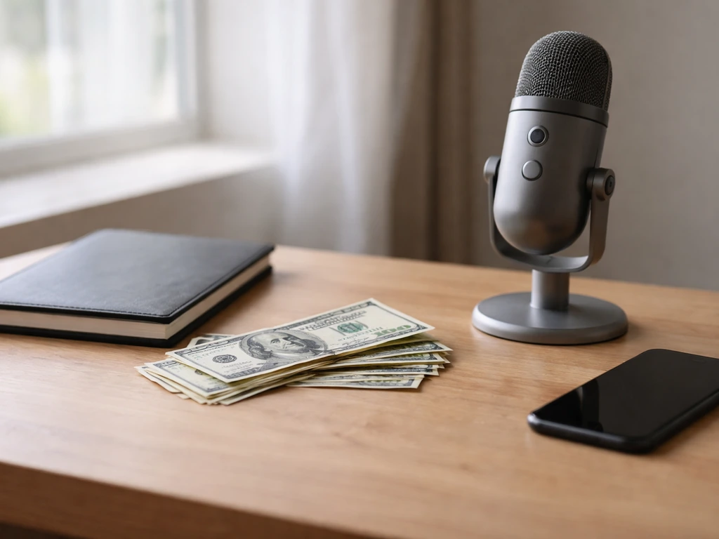 Minimal desk scene with dollar bills, a notebook, and a microphone by a window, symbolizing finance and valuation.