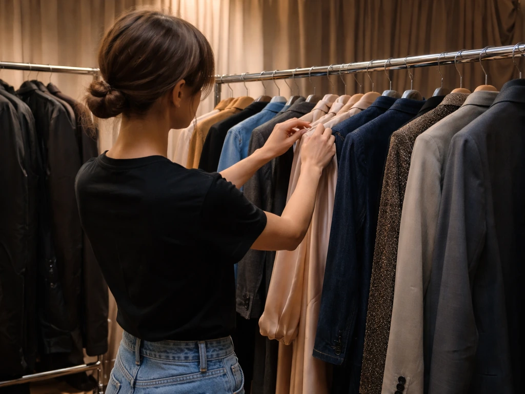 Wardrobe professional’s hands arranging costumes on a clothing rack in a quiet film set.