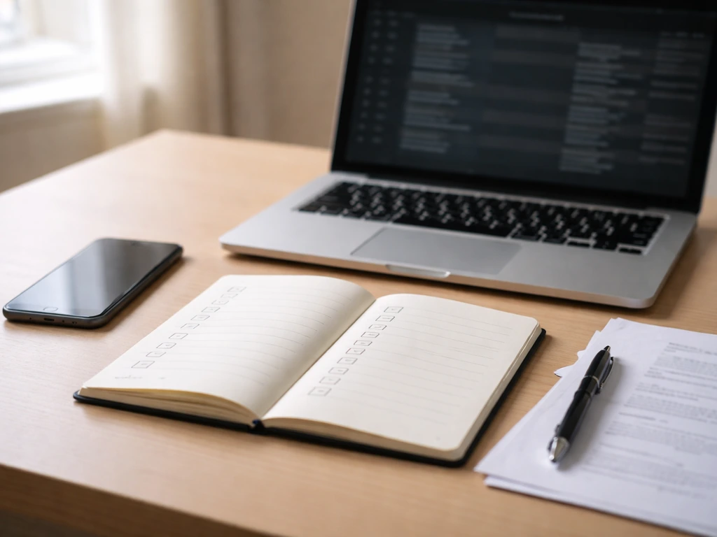 Minimal desk scene with open checklist notebook and laptop showing a credits-style media list for verifying an estimate
