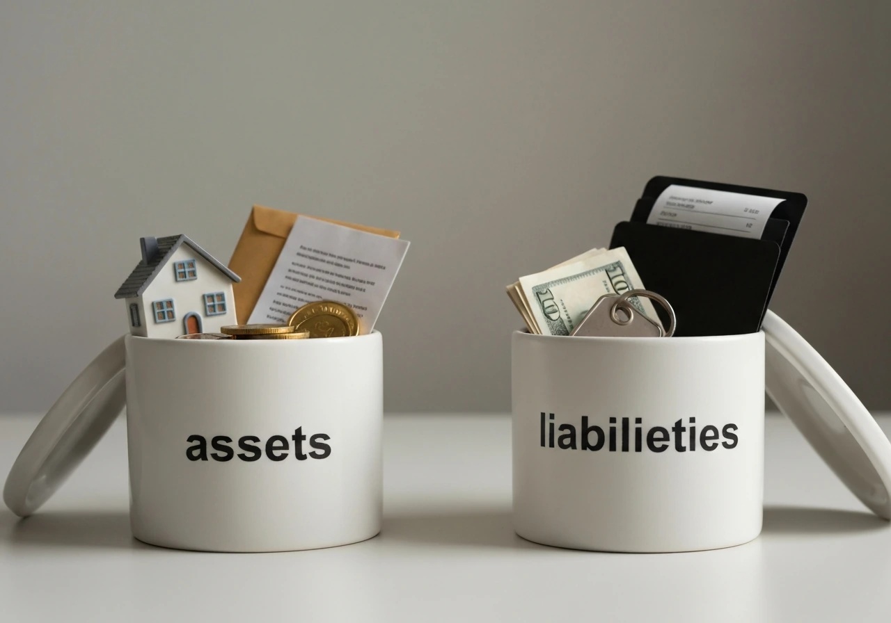 Minimal desk scene with two containers holding small objects representing assets and liabilities categories.