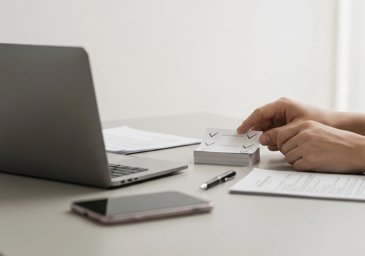 Hand placing checklist cards beside a laptop and scattered documents, symbolizing careful verification steps