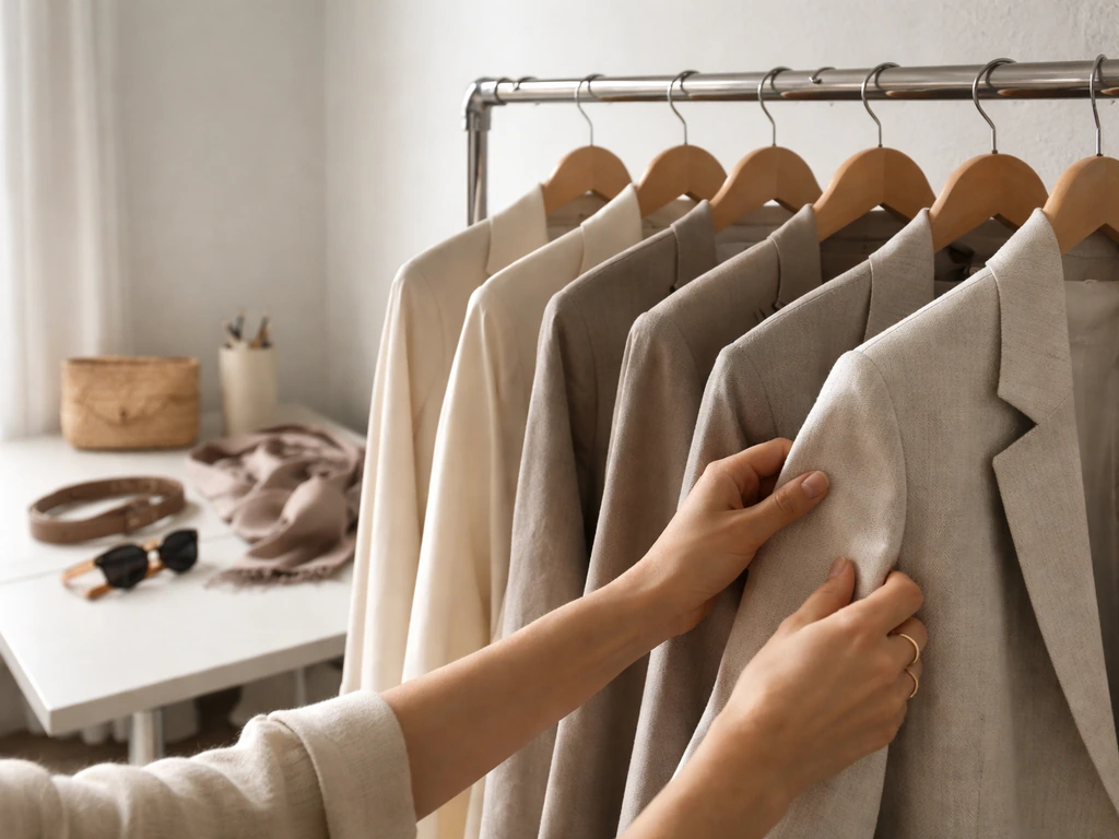 Anonymous hands assessing outfits on a garment rack with fashion accessories in a minimal styling workspace.