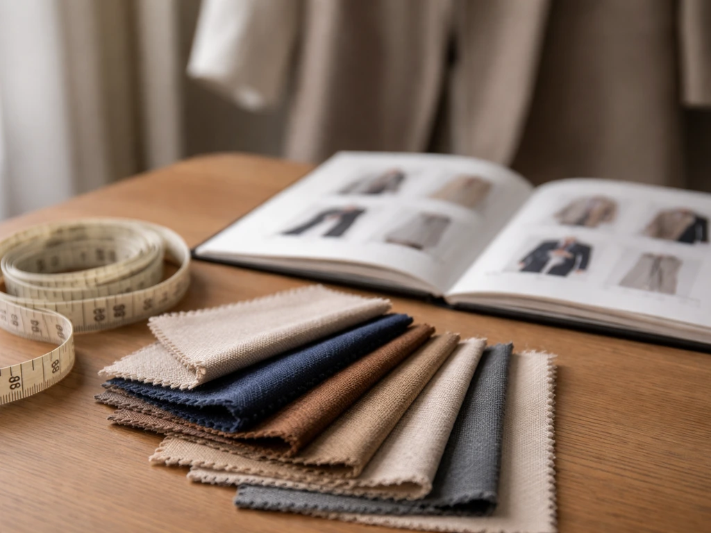 Close-up of fabric swatches, measuring tape, and a fashion lookbook on a wooden desk.