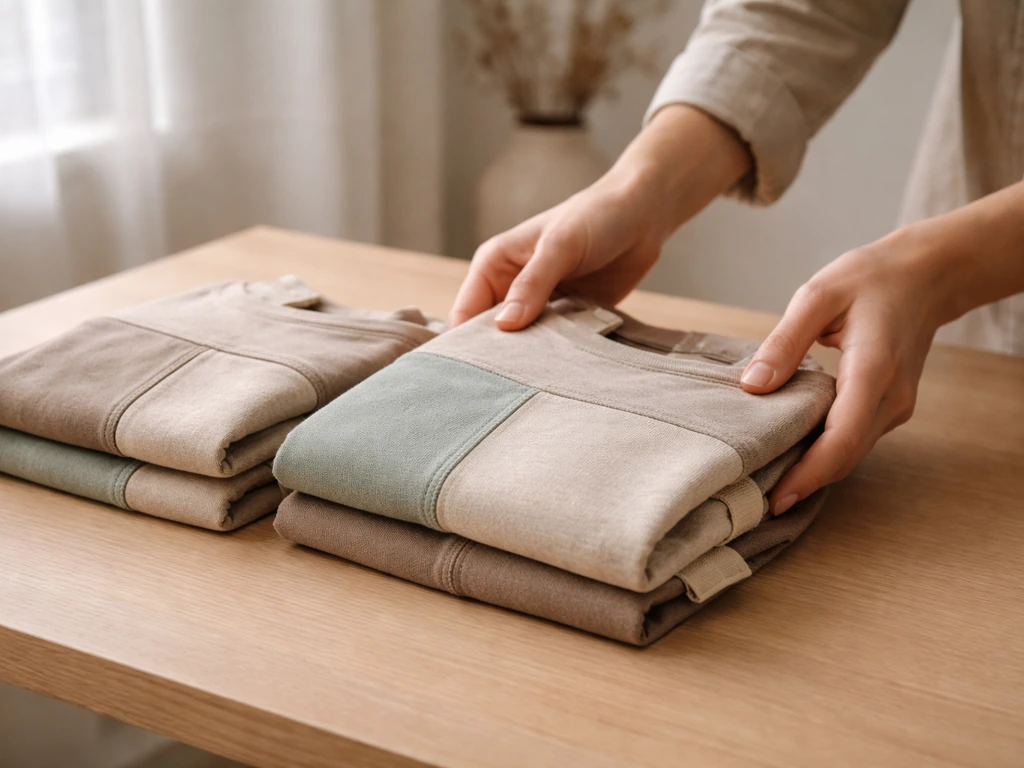 Folded sustainable clothing pieces with visible fabric tag, suggesting a fashion collaboration revenue-sharing deal.