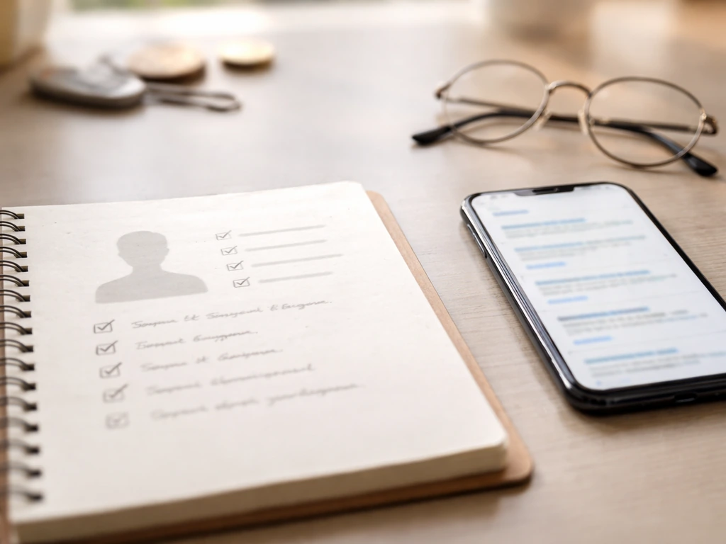 Notebook with checklist and blurred search results beside a smartphone, suggesting research into net worth estimates.