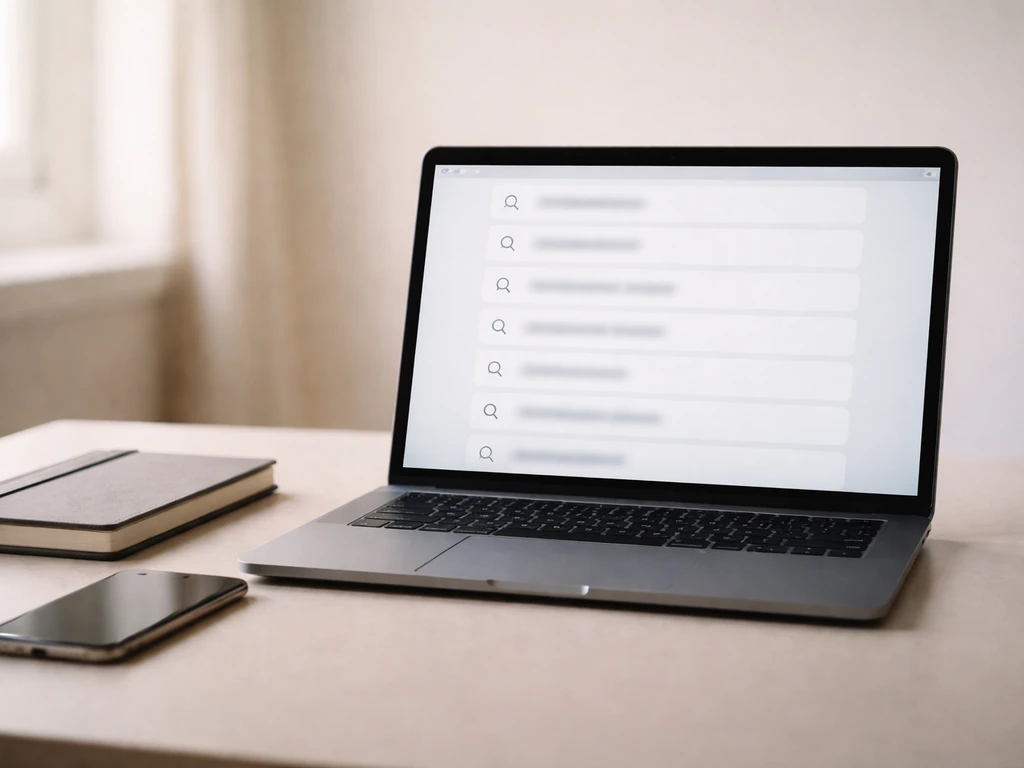 Laptop and phone on a desk with blurred search-results style screen indicating duplicate name entries.