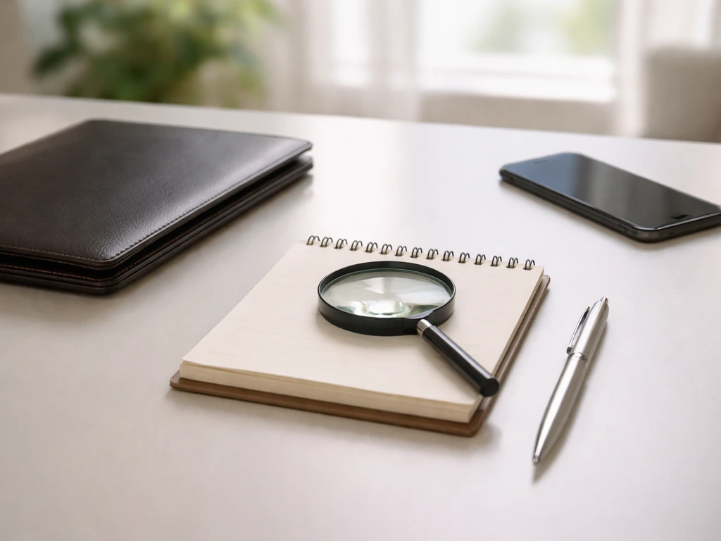 Desk scene with a notebook, magnifying glass, pen, and folder suggesting evidence review for a net worth estimate.