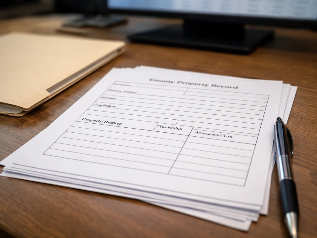 Close-up of property record papers on a desk with pen, suggesting county ownership and tax notes.