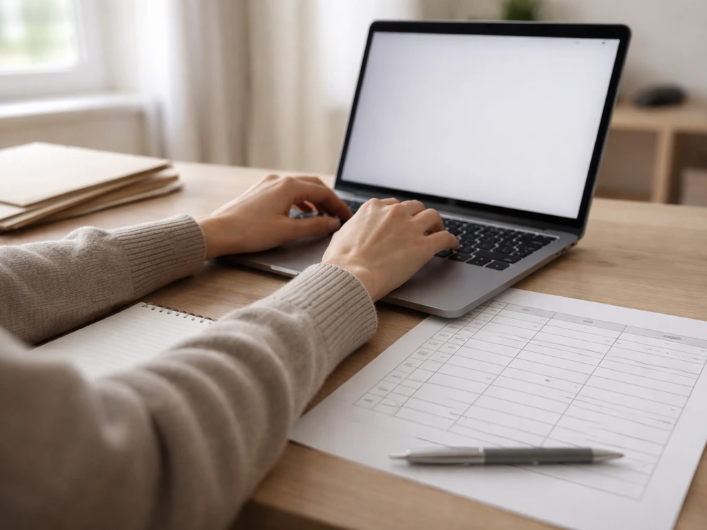 Hands typing on a laptop beside a notepad with a simple spreadsheet-style table for verifying a personal number.