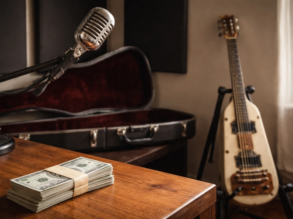 Minimal blues studio desk with a slide guitar, microphone, and neatly folded cash in soft light.