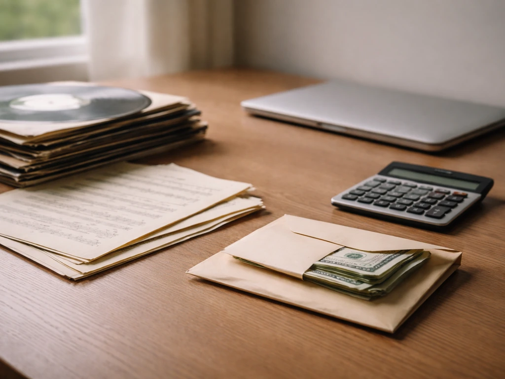 Minimal photo of a music business desk with vinyl records, cash envelopes, and a calculator symbolizing net worth factor