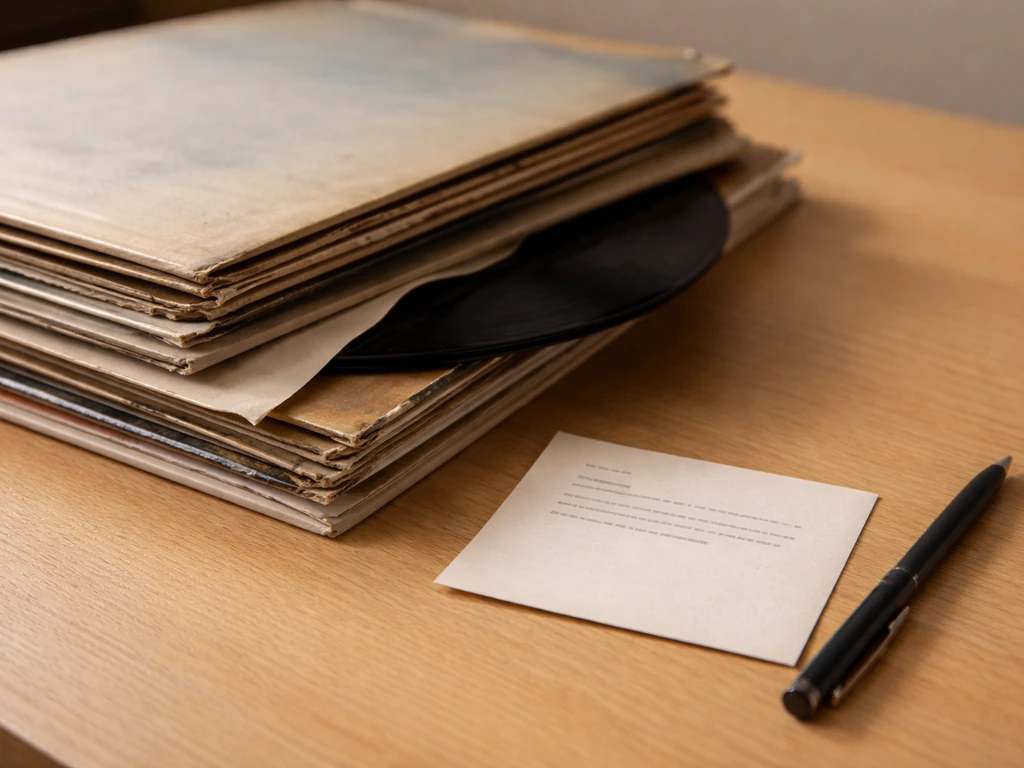 Close-up of stacked vinyl album sleeves on a wooden table with a blank royalty note card and pen.