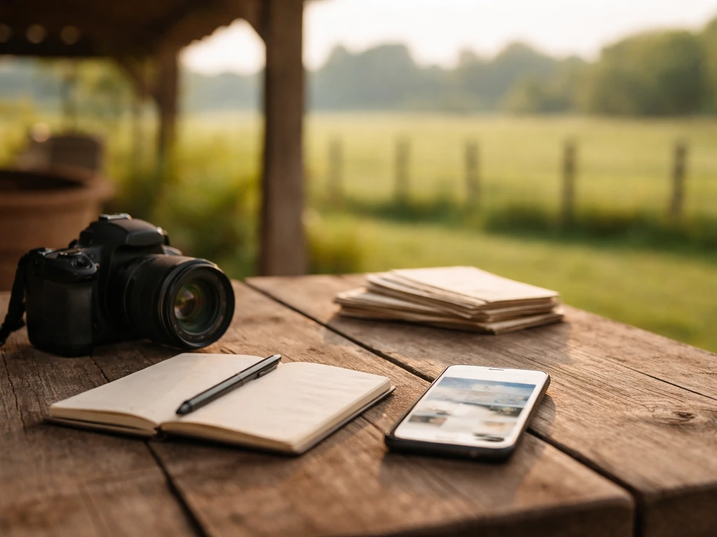 Sunlit North Carolina farm workspace with camera and cash-free symbolic wealth details