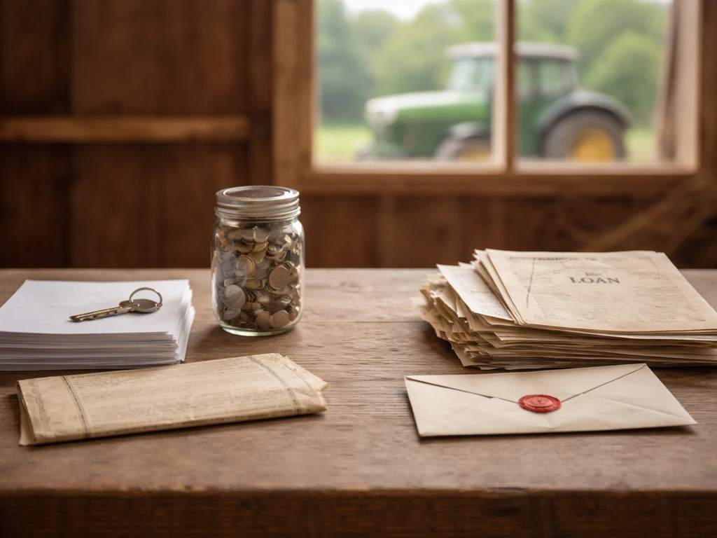 Minimal photo of farm assets and liabilities symbolism: land deeds, equipment, cash envelopes beside a loan document