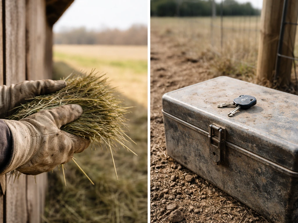 Close-up rural farm assets and equipment—hay near a barn and a tractor key beside a toolbox.