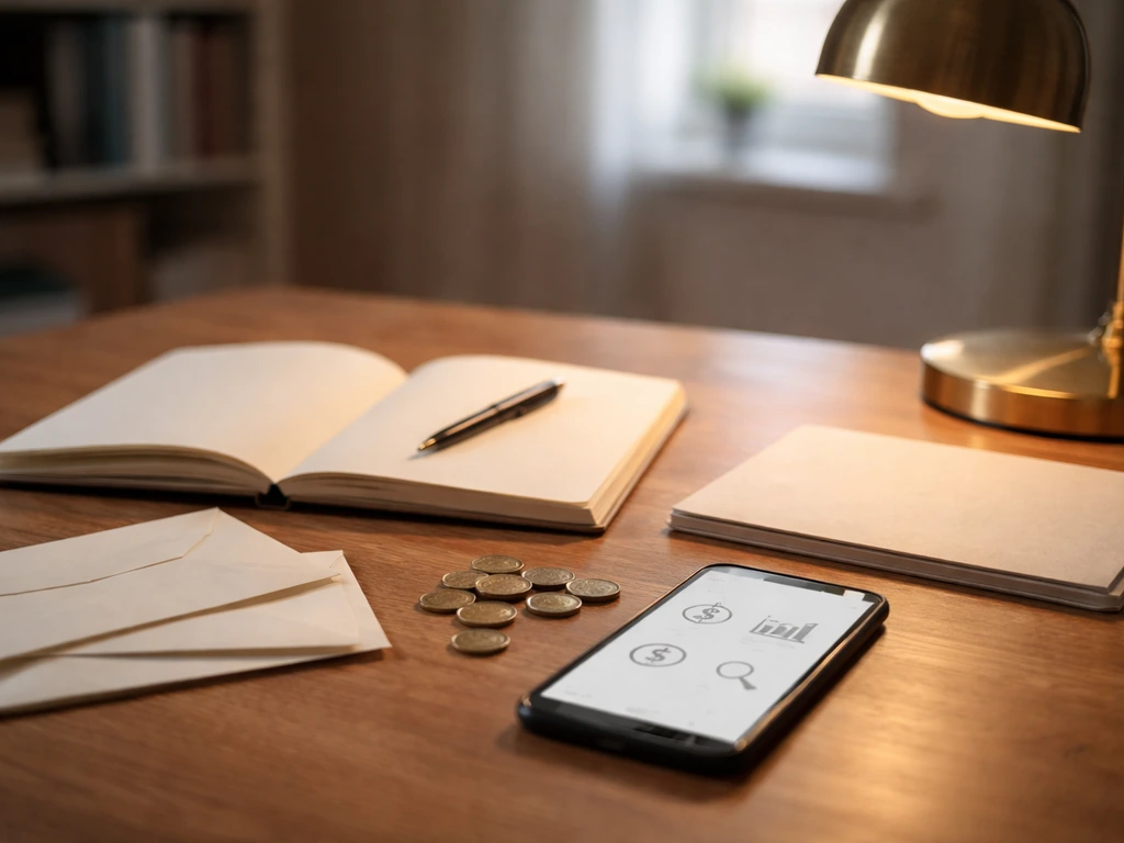 Minimal office scene with an open notebook, envelopes, and a smartphone showing abstract finance icons (no text).