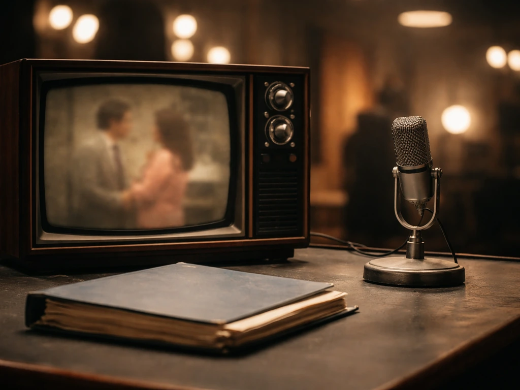 Vintage TV on a studio desk with microphone and script binder, evoking classic TV acting earnings.