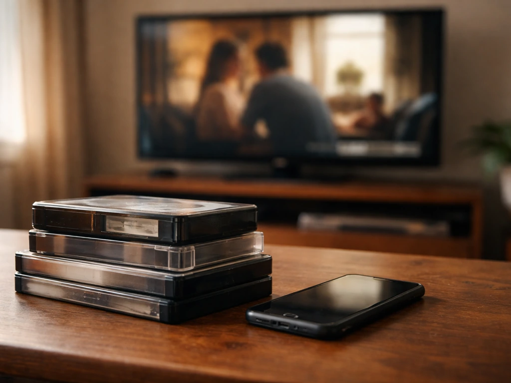 Retro media and a smartphone on a console, with a blurred TV hinting at reruns and syndication residuals.