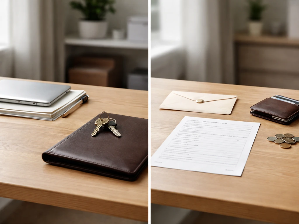 Minimal side-by-side scene symbolizing assets and liabilities with safe, anonymous office items and money cues
