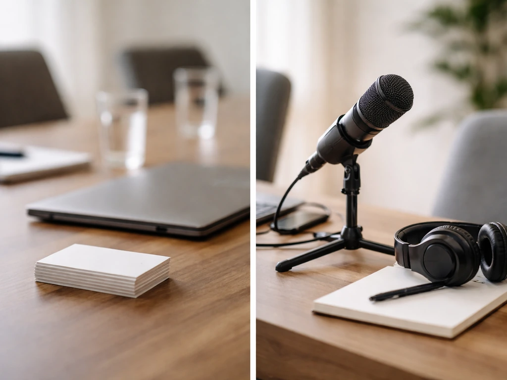 Minimal office and podcast desk split scene symbolizing two different public figures.