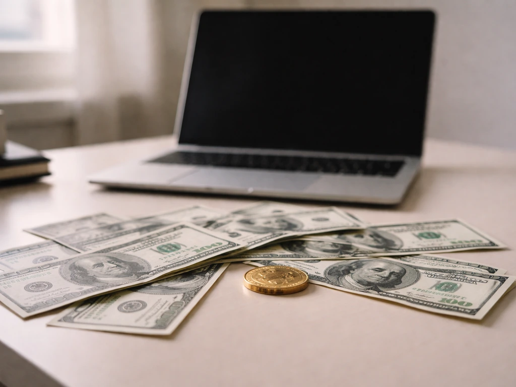 Close-up of scattered cash and a single gold coin on an office desk beside a laptop