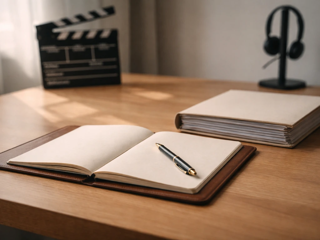 Showrunner deal workspace with a notebook, contract folder, and pen on a desk in soft natural light.