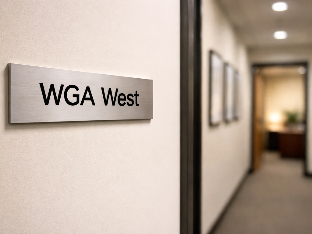 Quiet union office hallway with a “WGA West” placard on a wall, softly lit and minimal.