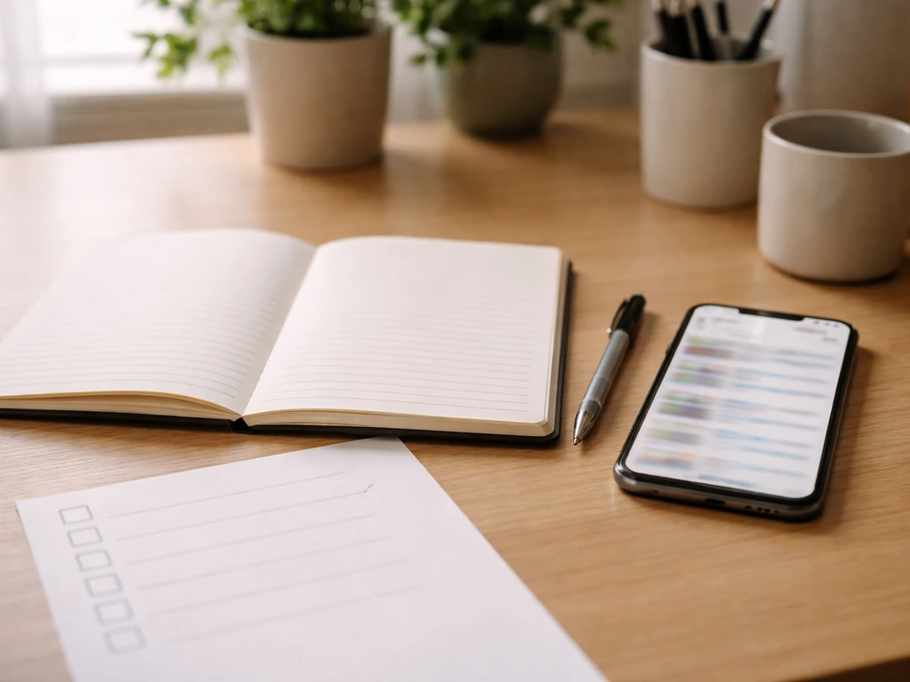 Minimal desk scene showing a smartphone and notebook for evaluating online numbers