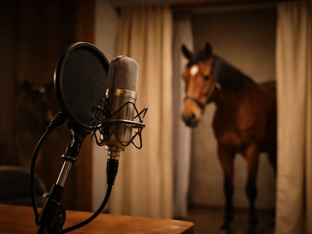 Equine-themed TV production scene with a vintage microphone, studio lights, and a calm horse nearby