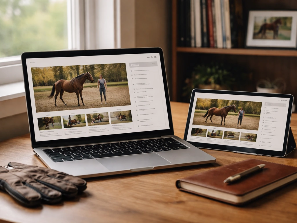 Laptop and tablet on a wooden desk showing a generic horse-training course layout in soft daylight.