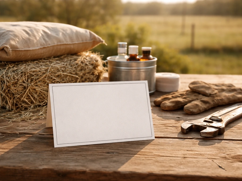 Wooden table still life with an unlabeled property card beside hay, veterinary supplies, and ranch tools.